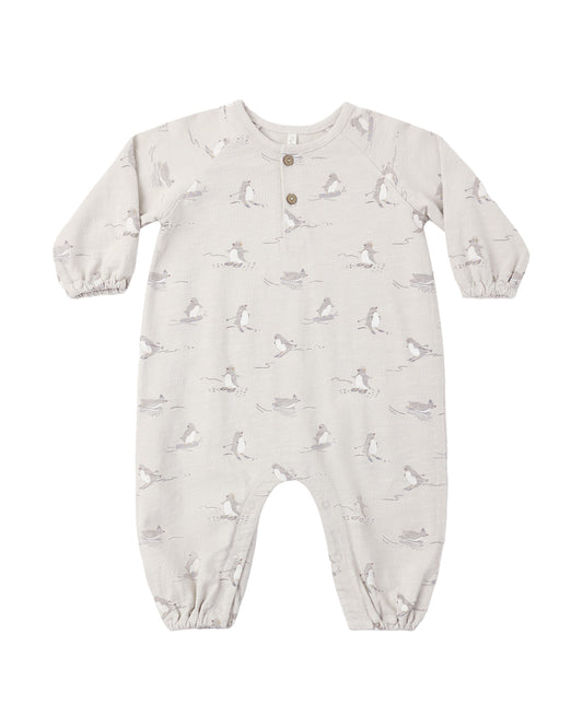 Rylee & Cru skiing penguins Henley jumpsuit featuring a playful penguin print, long sleeves, and cozy fabric for kids.