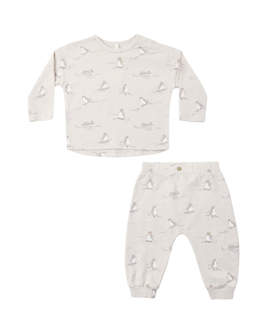 Rylee & Cru skiing penguins long sleeve tee and pant set with playful penguin print on soft fabric for kids.