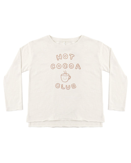 Rylee & Cru Hot Cocoa Club raw edge long sleeve tee in soft fabric, featuring a casual fit and raw hem detail.