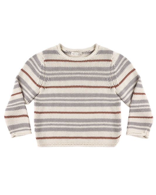 Dusty blue stripe Jacques sweater by Rylee & Cru, showing a cozy knit with blue and white stripes and ribbed cuffs.