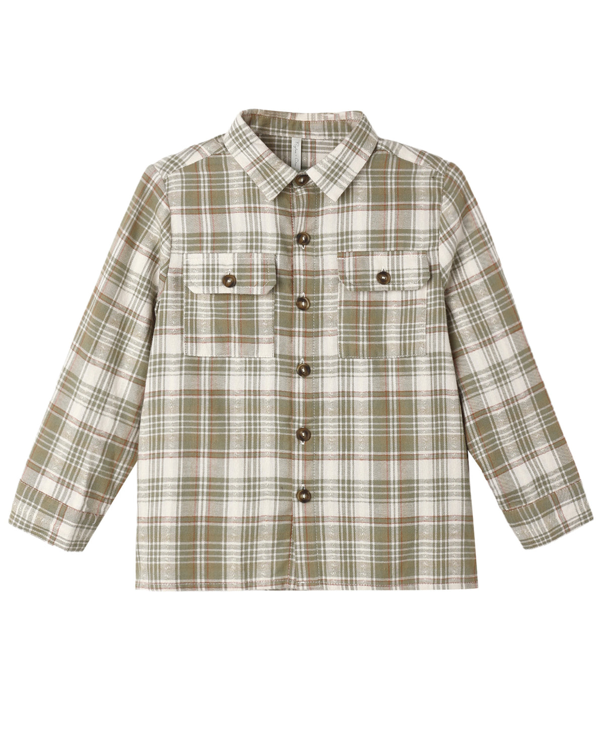 Olive Dobby Plaid Corduroy Shirt with chest pockets by Rylee & Cru, shown laid flat with button details.