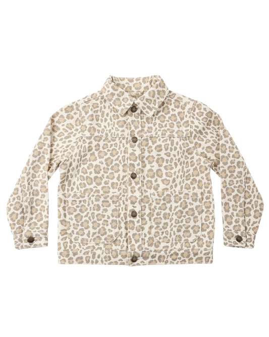 Leopard print denim chore coat by Rylee & Cru featuring a relaxed fit and button-front closure.