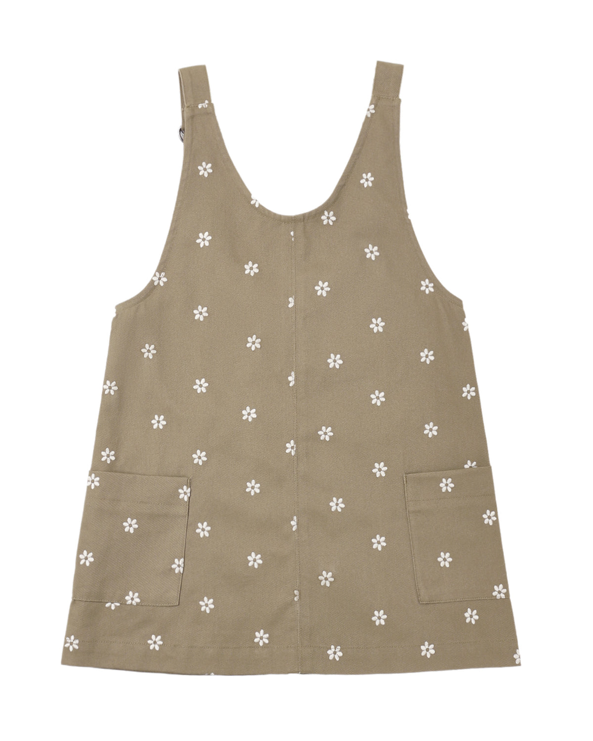 Rylee & Cru embroidered daisies V-neck overall dress on a model, featuring colorful floral embroidery and a relaxed fit.