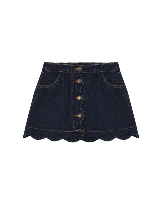 Dark indigo scallop mini skirt by Rylee & Cru, featuring a stylish scalloped hem and a fitted waistband.