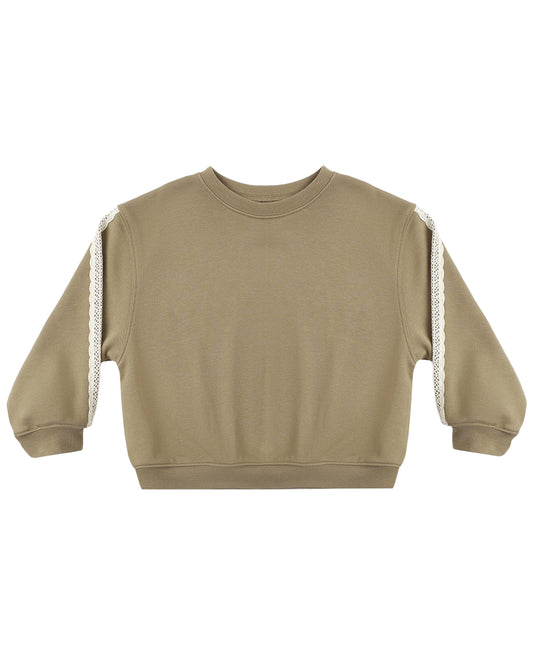 Olive oversized sweatshirt by Rylee & Cru featuring a relaxed fit and soft fabric, displayed on a hanger.