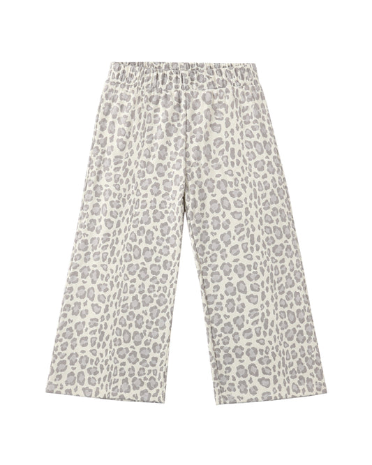 Blue leopard print wide leg sweatpants from Rylee & Cru shown on a model, featuring a relaxed fit and comfortable fabric.