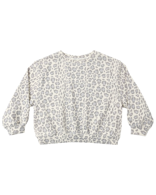 Blue leopard print oversized sweatshirt by Rylee & Cru, featuring a relaxed fit and bold animal pattern.