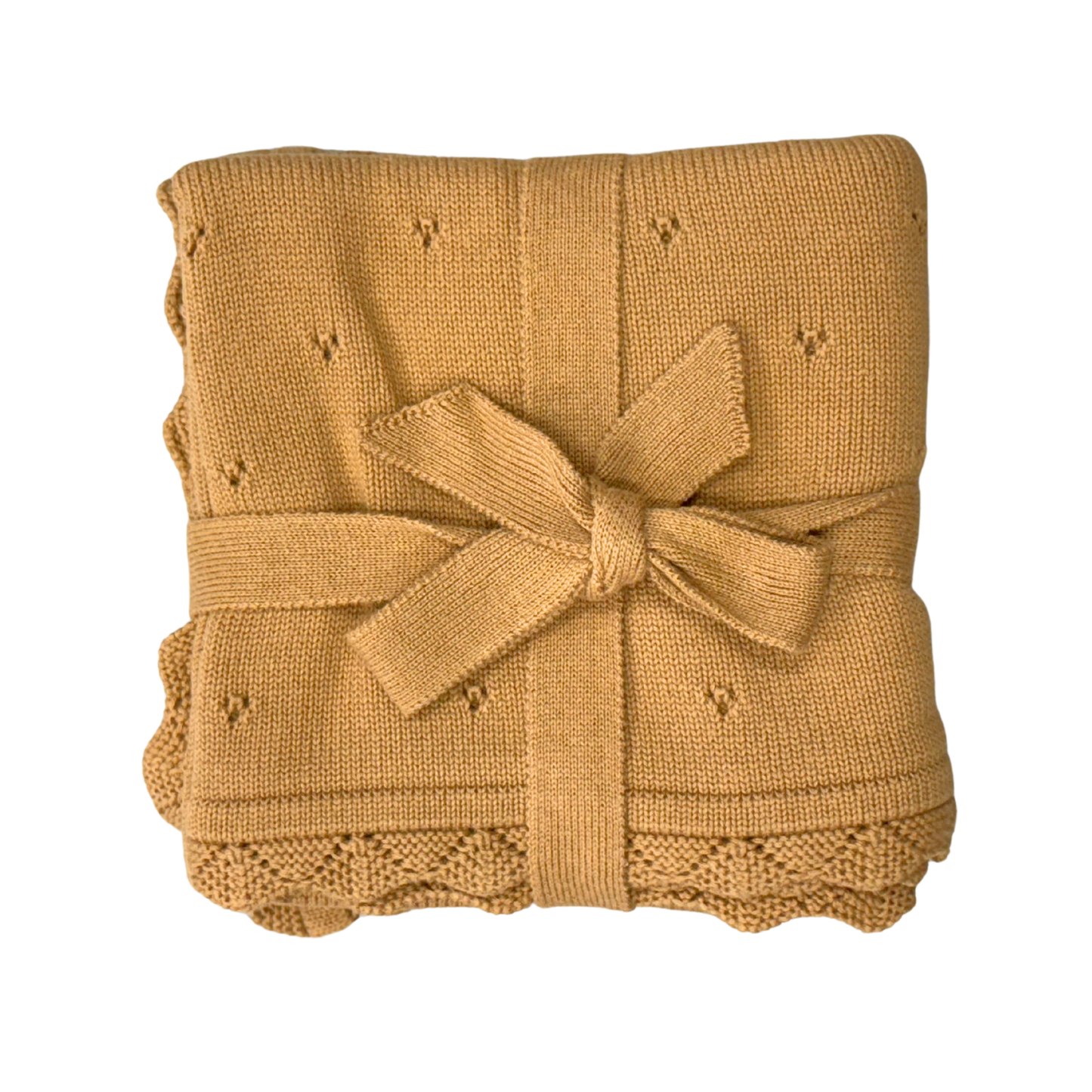 Soft camel-colored knit blanket by Babysprouts with textured knit pattern, perfect for cozying up with a baby or toddler.