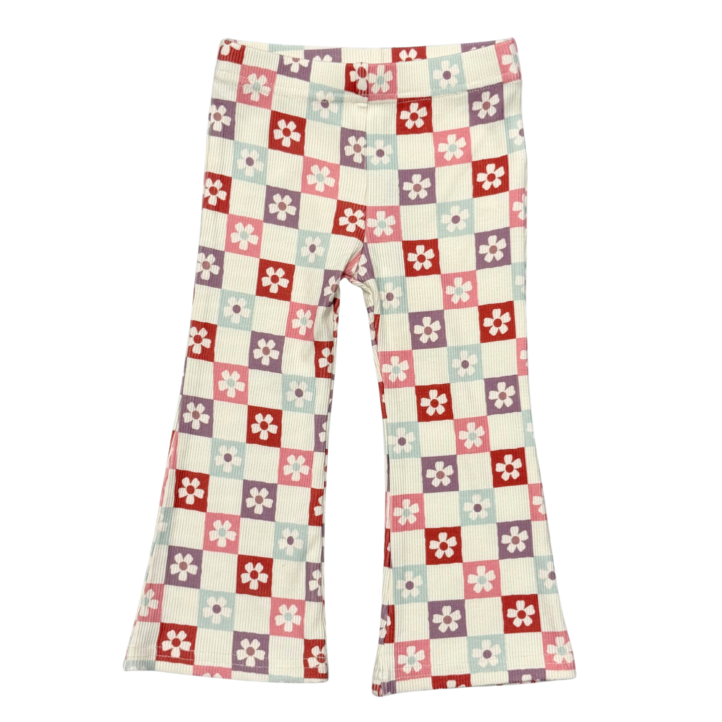 Wavy Daisy Checkered Flare Pants by Babysprouts featuring a playful daisy pattern and wide flare legs.