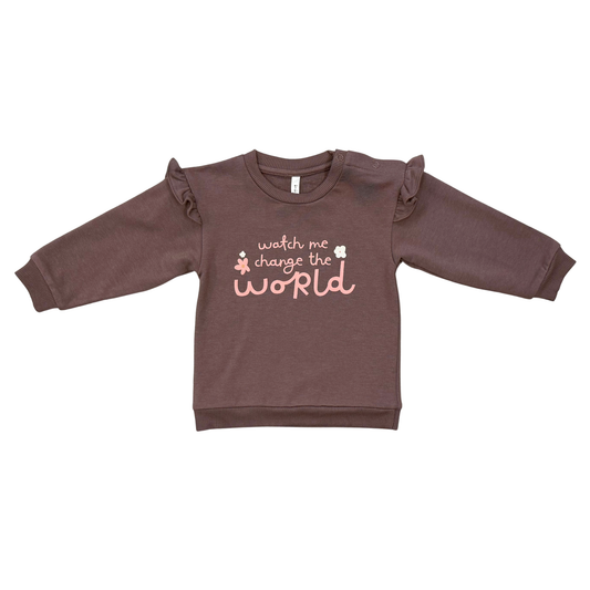 Babysprouts World Changer Ruffle Hem Sweatshirt shown in soft fabric with ruffle details at the hem, perfect for kids' casual wear.