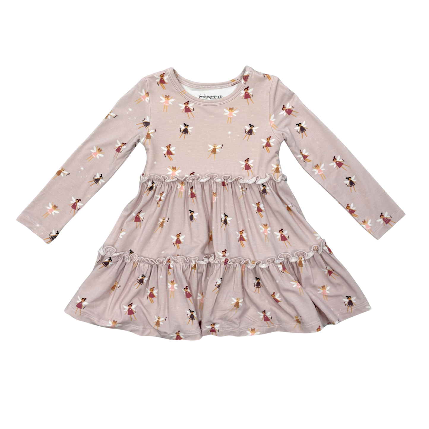 Babysprouts Fairies Tiered Twirl Dress featuring colorful fairy print and layered fabric, perfect for special occasions and play.
