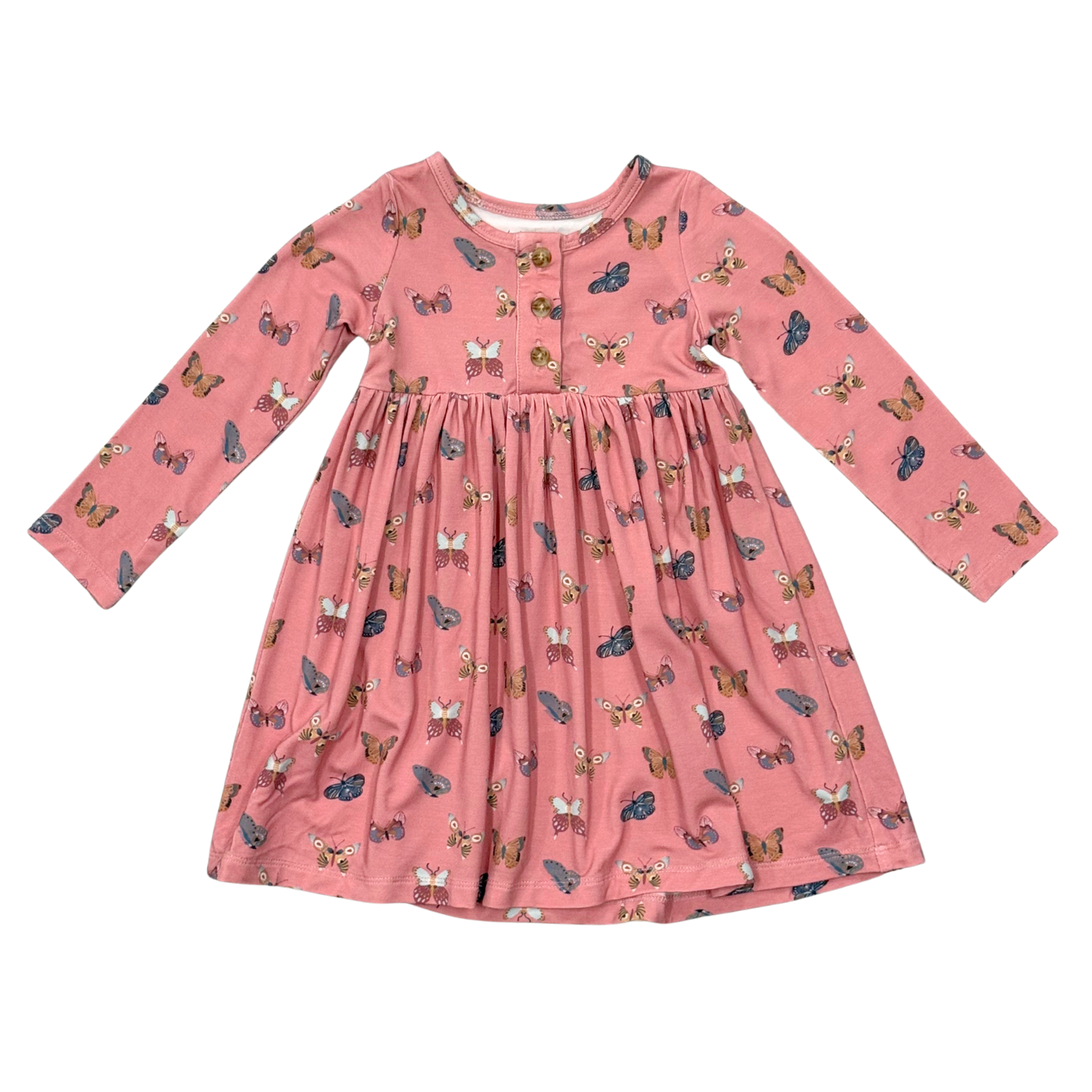 Babysprouts Butterflies Bloom Henley Twirl Dress featuring a floral butterfly pattern and a twirling skirt for little girls.