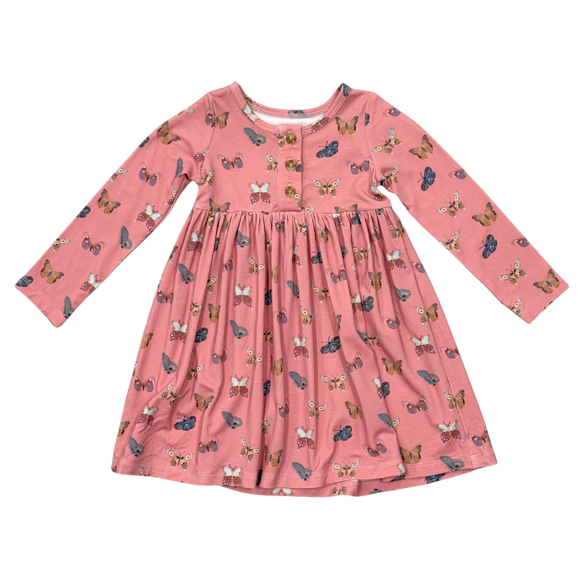 Babysprouts Butterflies Bloom Henley Twirl Dress featuring a floral butterfly pattern and a twirling skirt for little girls.