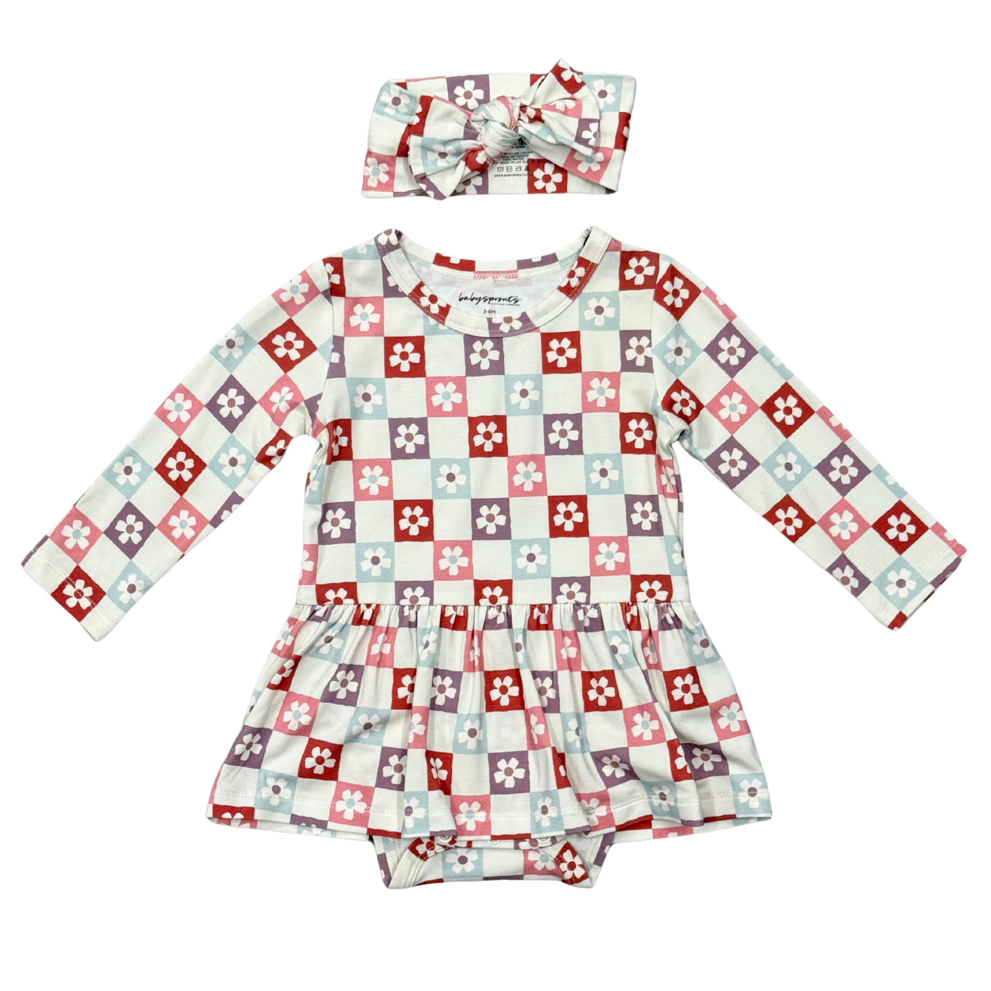 Babysprouts wavy Daisy checkered bodysuit with ruffled accents, featuring a playful yellow and white pattern on soft fabric.