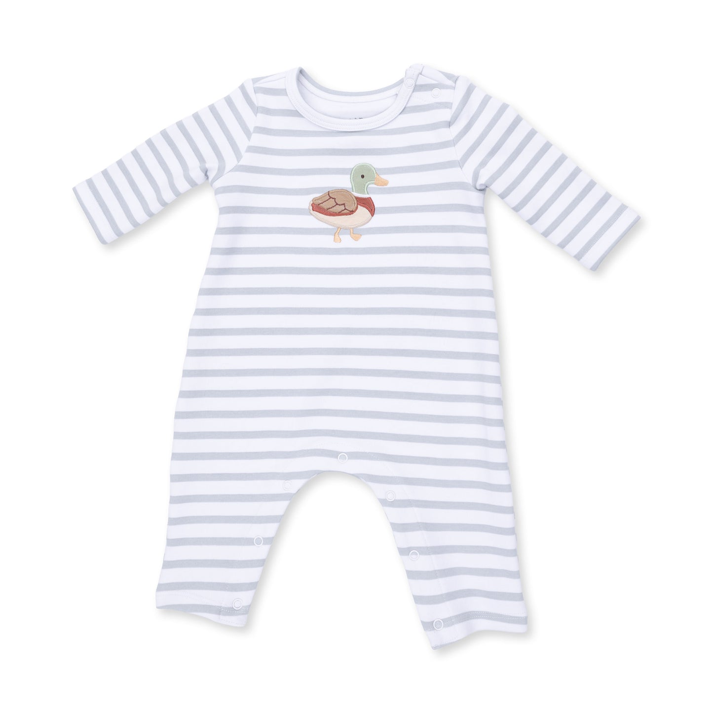 Angel Dear Mama Mallard long sleeve snap shoulder romper for babies, featuring a soft fabric and adorable duck print.