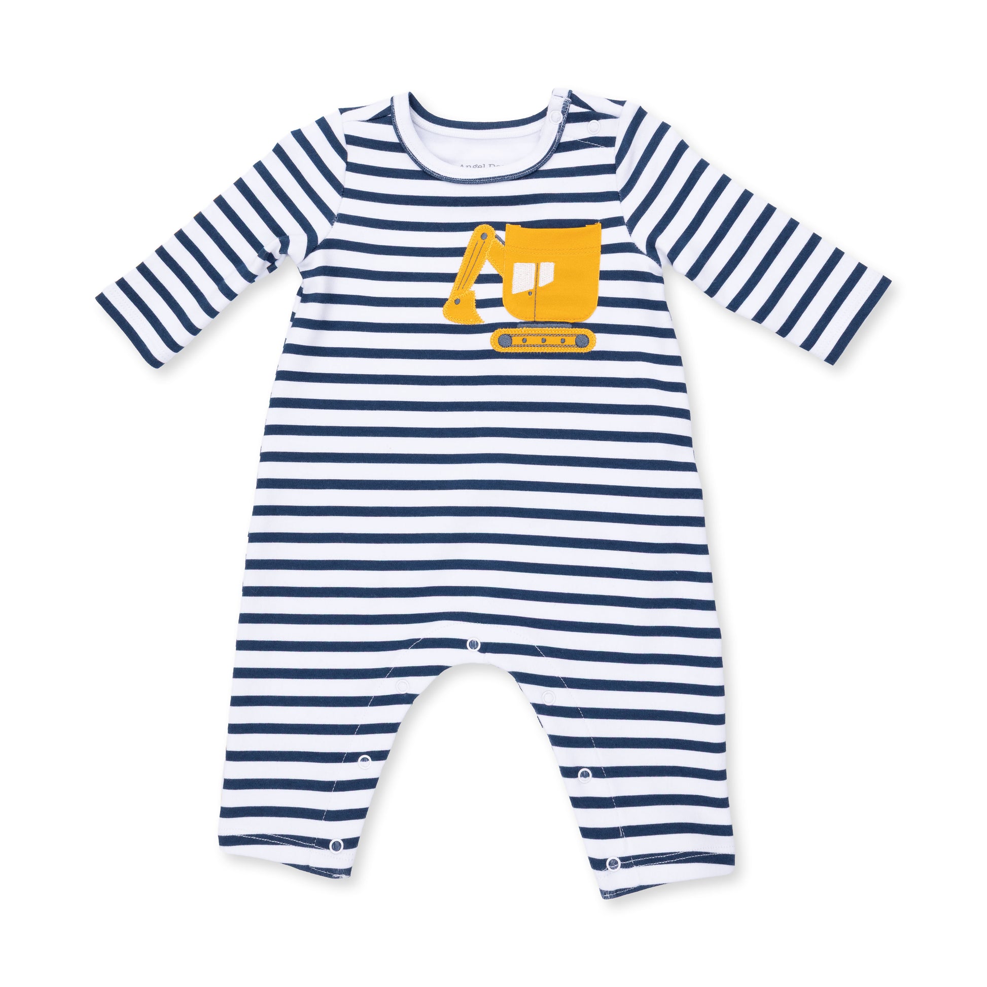 Angel Dear Digger Collection long sleeve snap shoulder romper for babies, featuring soft fabric and easy snap closures.
