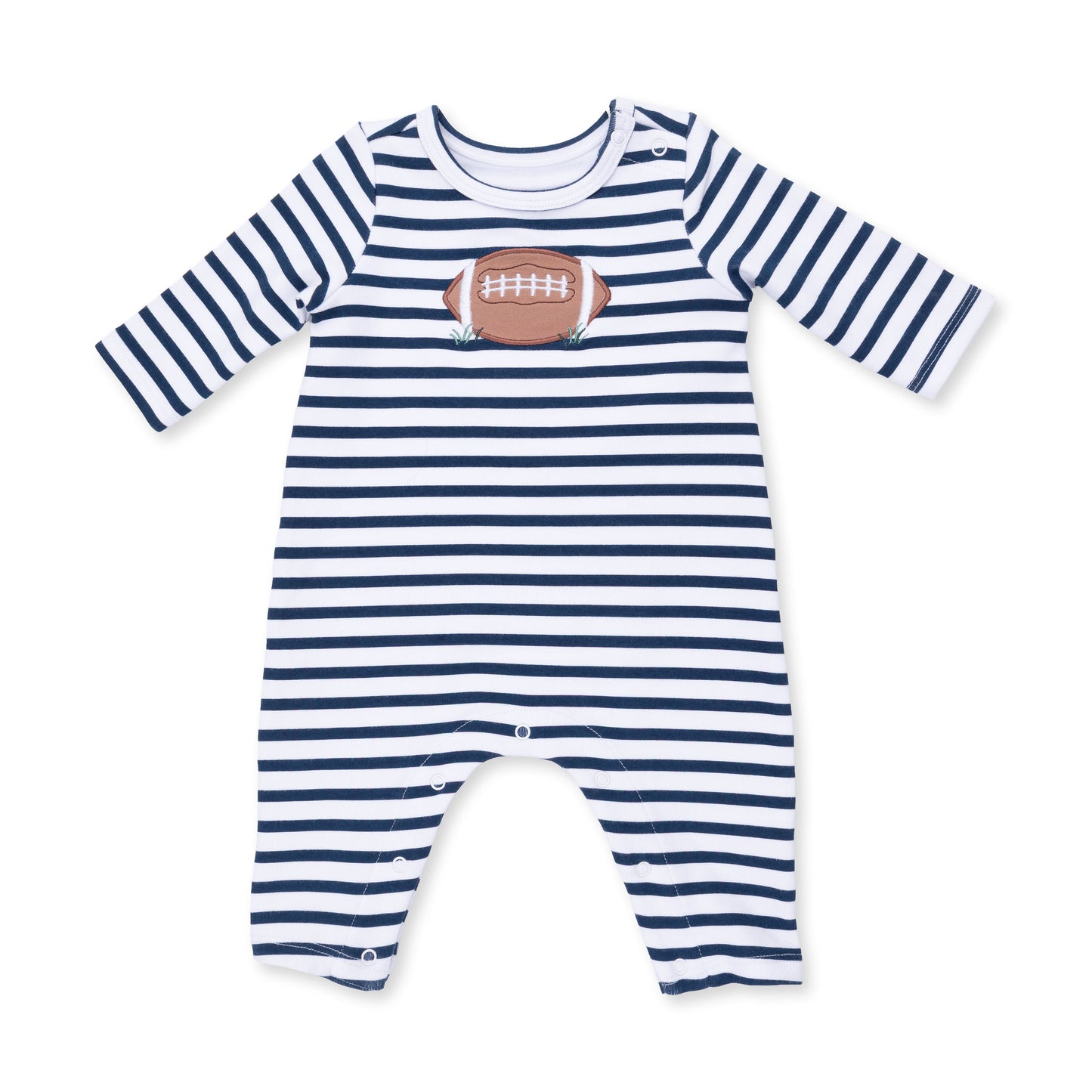 Navy football-themed long sleeve snap shoulder romper for babies by Angel Dear, featuring soft fabric and comfortable fit.