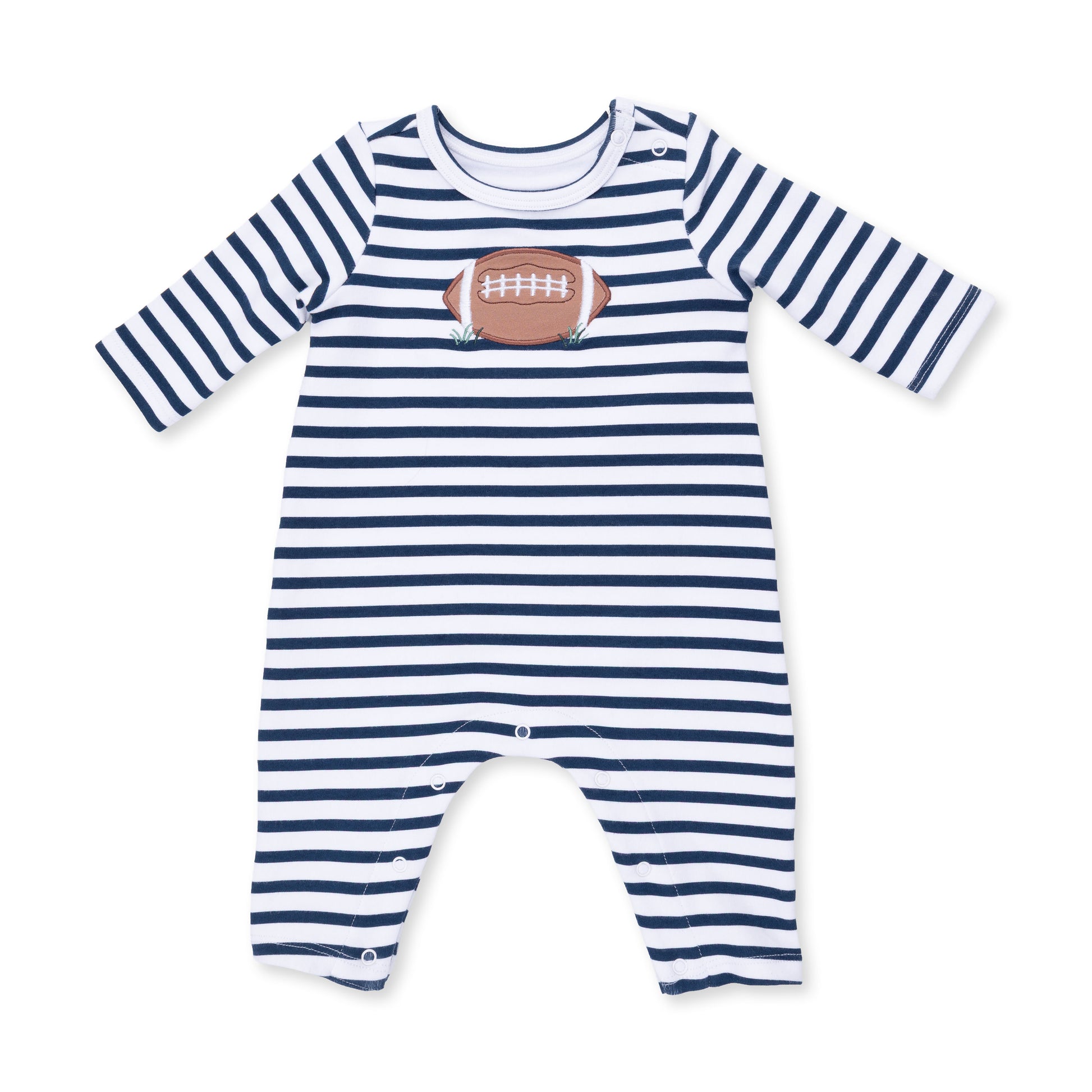 Navy football-themed long sleeve snap shoulder romper for babies by Angel Dear, featuring soft fabric and comfortable fit.