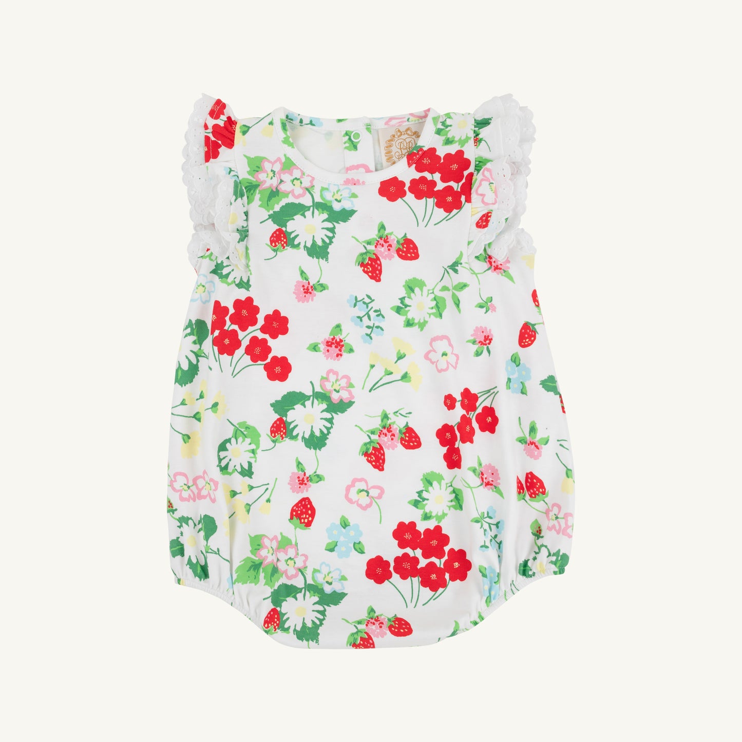 White Ruehling Ruffle Bubble dress by The Beaufort Bonnet Company featuring berry sweet pattern and ruffle details for girls.