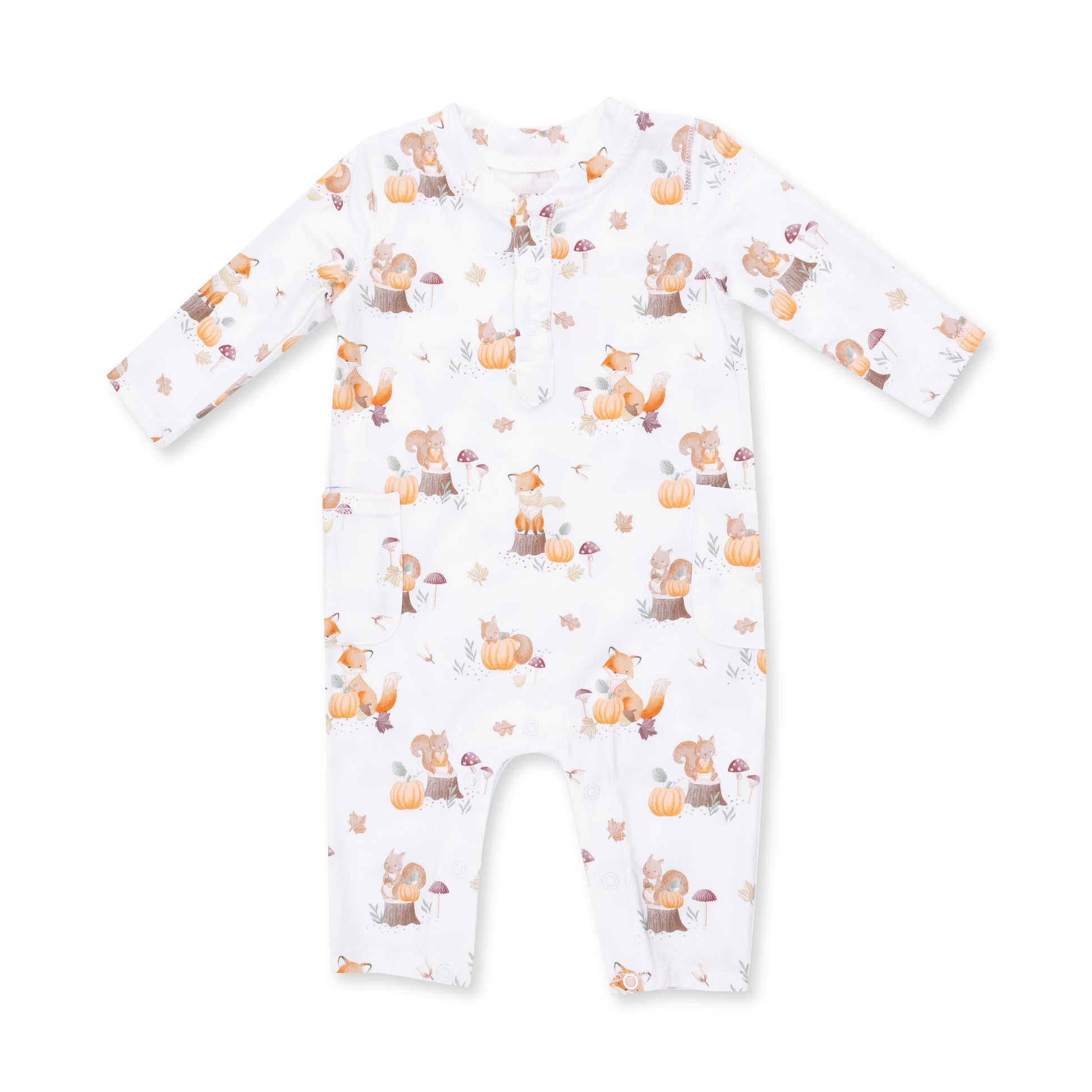 Angel Dear Woodland Animals with Pumpkins Uni Romper featuring cute woodland animal and pumpkin print on soft fabric.