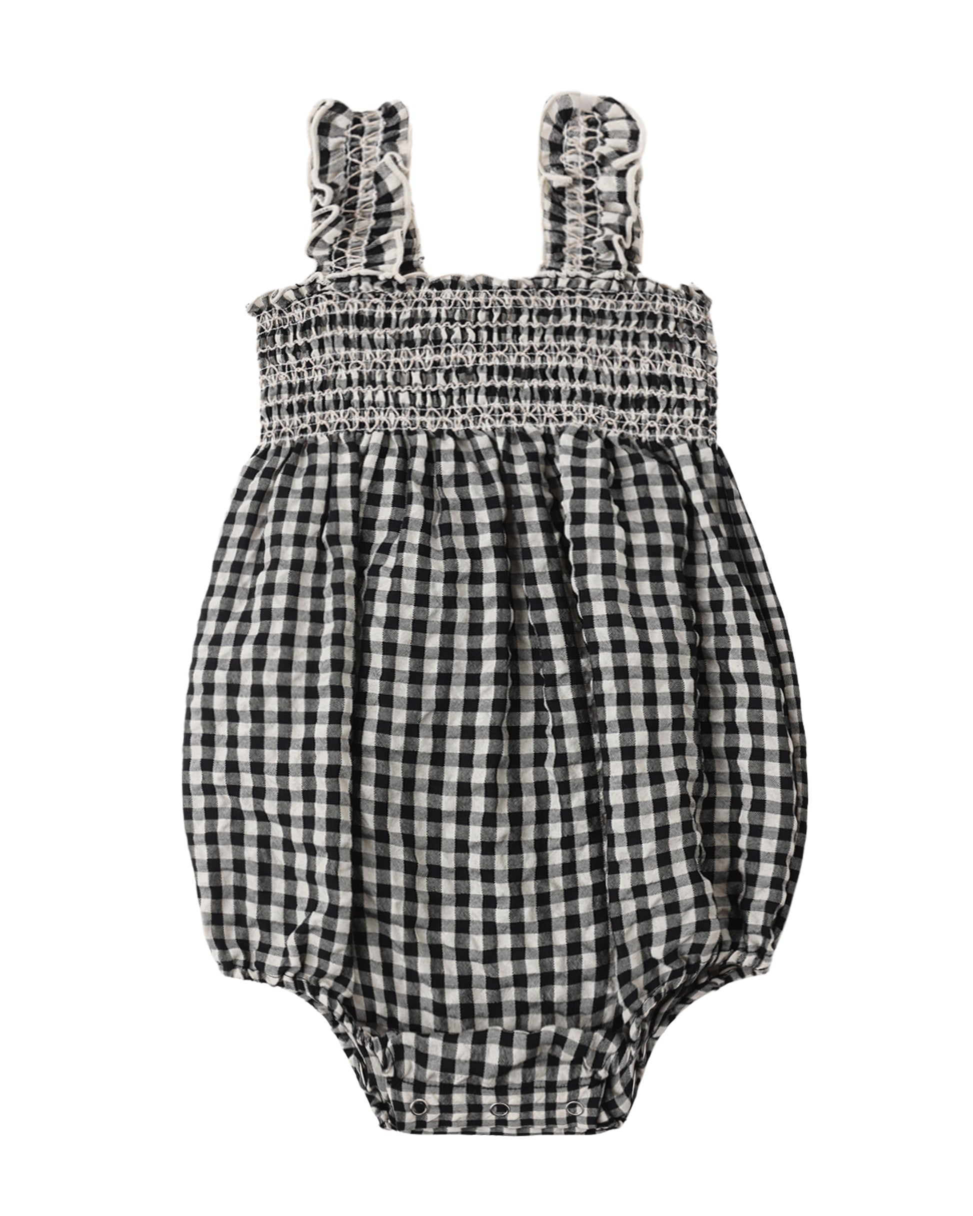 Black Check Julia Romper by Rylee & Cru featuring long sleeves, a relaxed fit, and a stylish checkered pattern.
