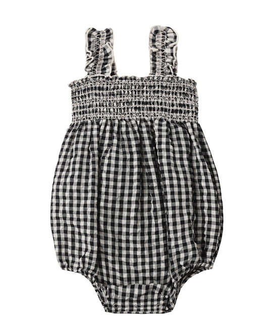 Black Check Julia Romper by Rylee & Cru featuring long sleeves, a relaxed fit, and a stylish checkered pattern.