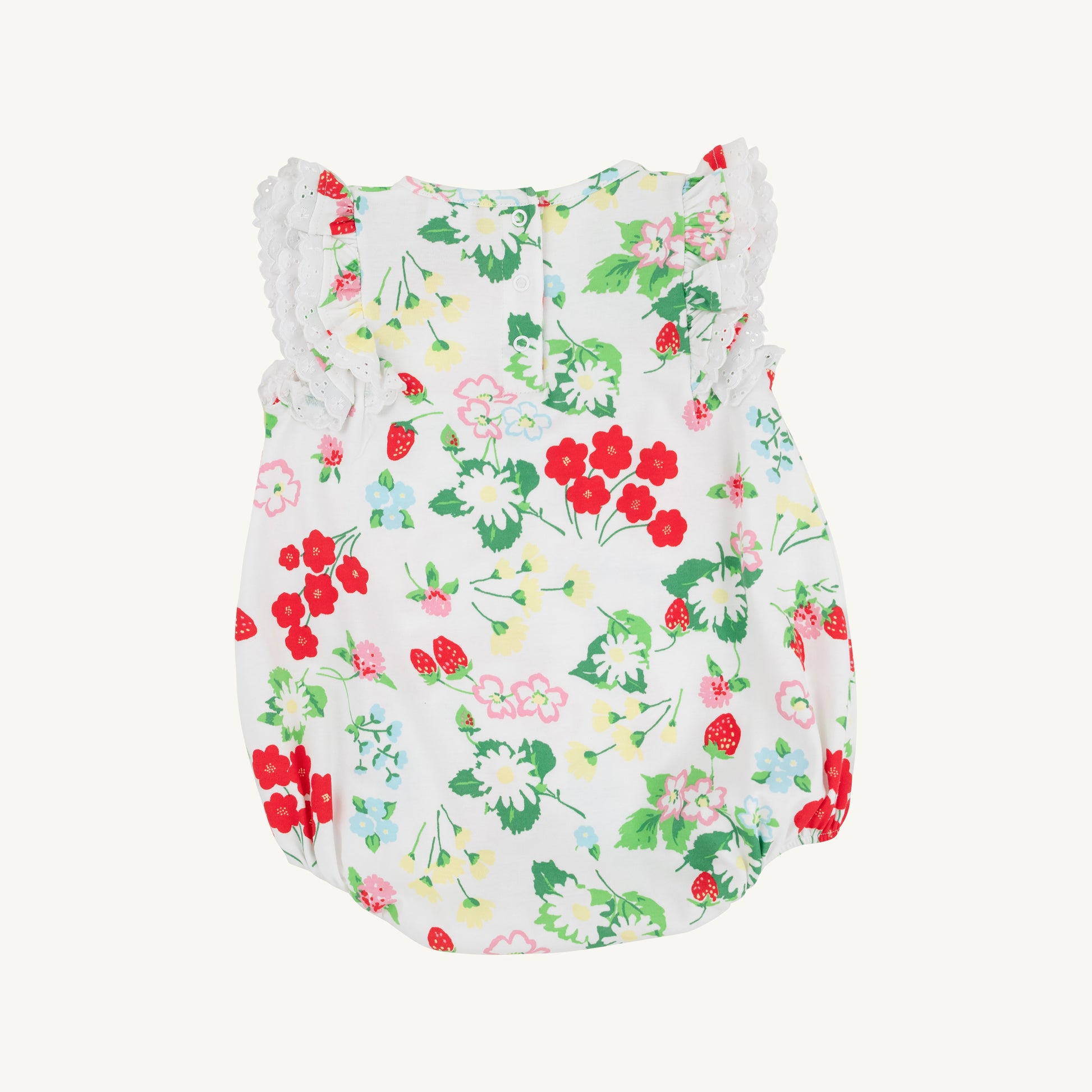 White Ruehling Ruffle Bubble from The Beaufort Bonnet Company featuring berry and sweet patterned fabric with ruffle details.