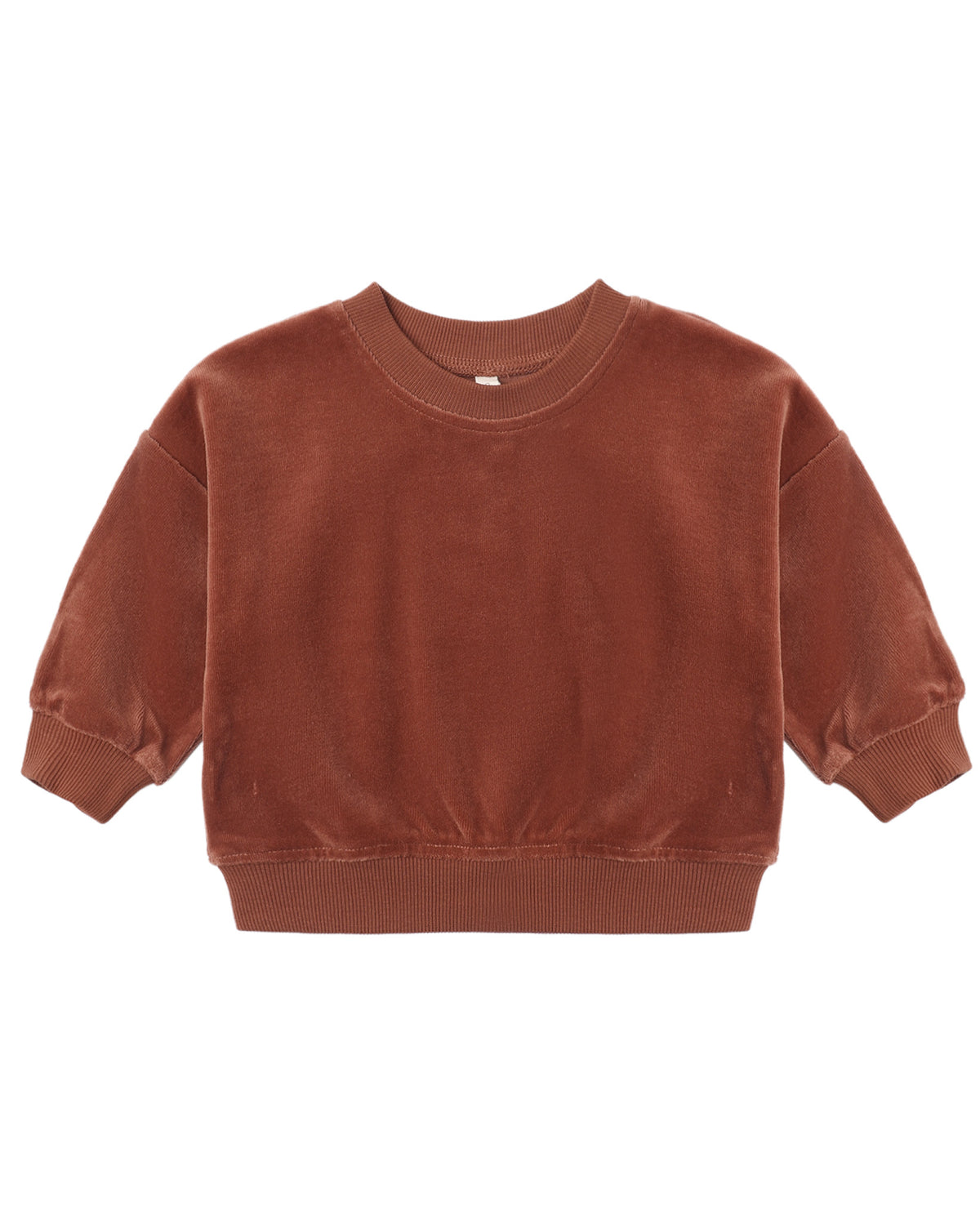 Redwood velour relaxed sweatshirt by Quincy Mae shown in a cozy, soft fabric with a relaxed fit and long sleeves.