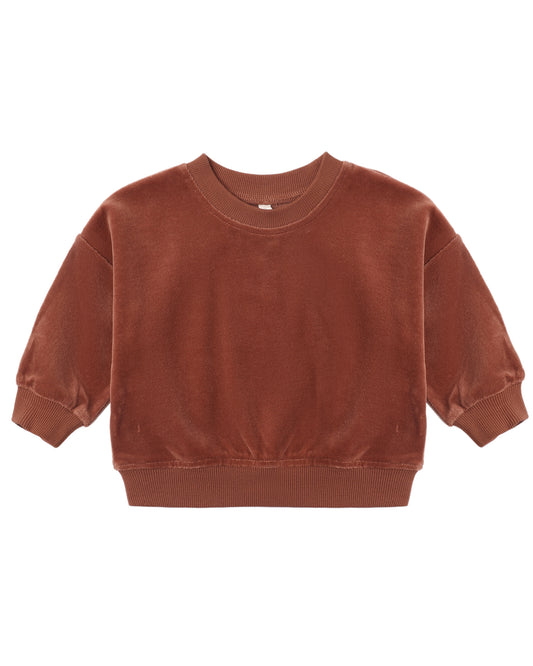 Redwood velour relaxed sweatshirt by Quincy Mae shown in a cozy, soft fabric with a relaxed fit and long sleeves.