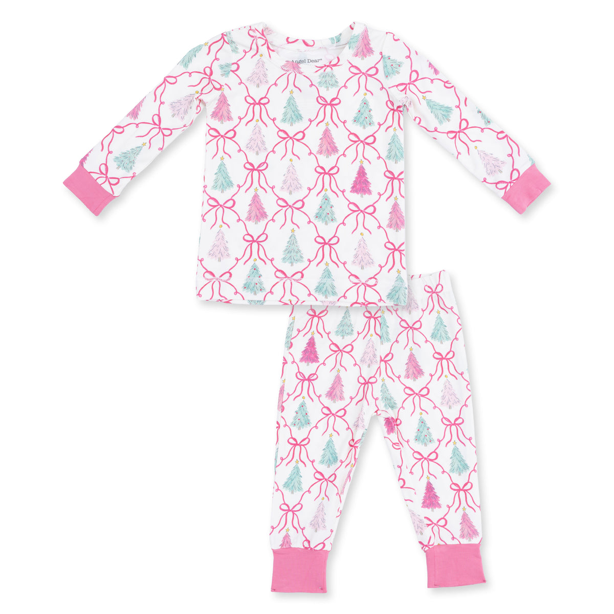 Angel Dear Bow Trellis Tree long sleeve loungewear set for kids, featuring a charming bow and trellis pattern, soft and comfortable fabric