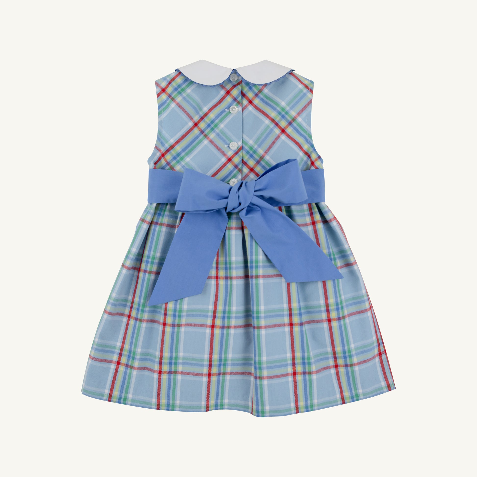 Kensington Court Plaid Barbados Blue sleeveless Cindy Lou sash dress by The Beaufort Bonnet Company, featuring a stylish plaid pattern and sash.