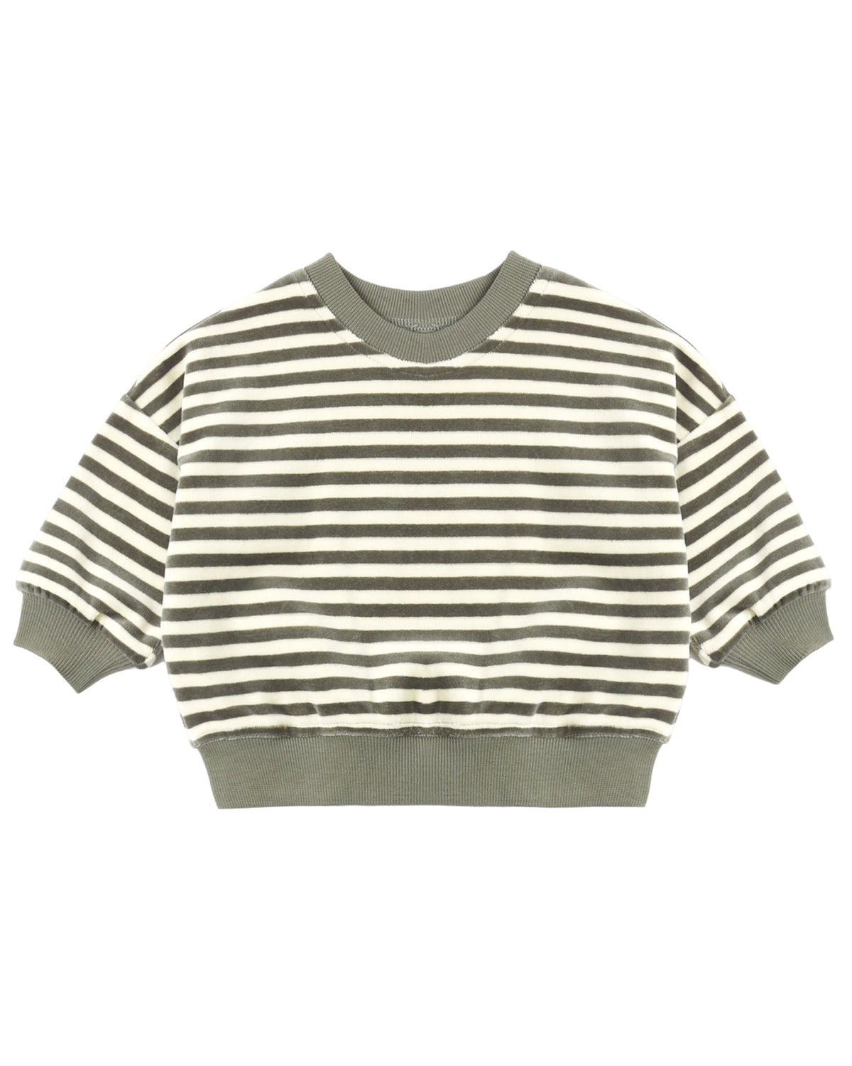Quincy Mae Spruce Stripe Velour Relaxed Sweatshirt with soft velour fabric and relaxed fit, featuring green and white stripe pattern.