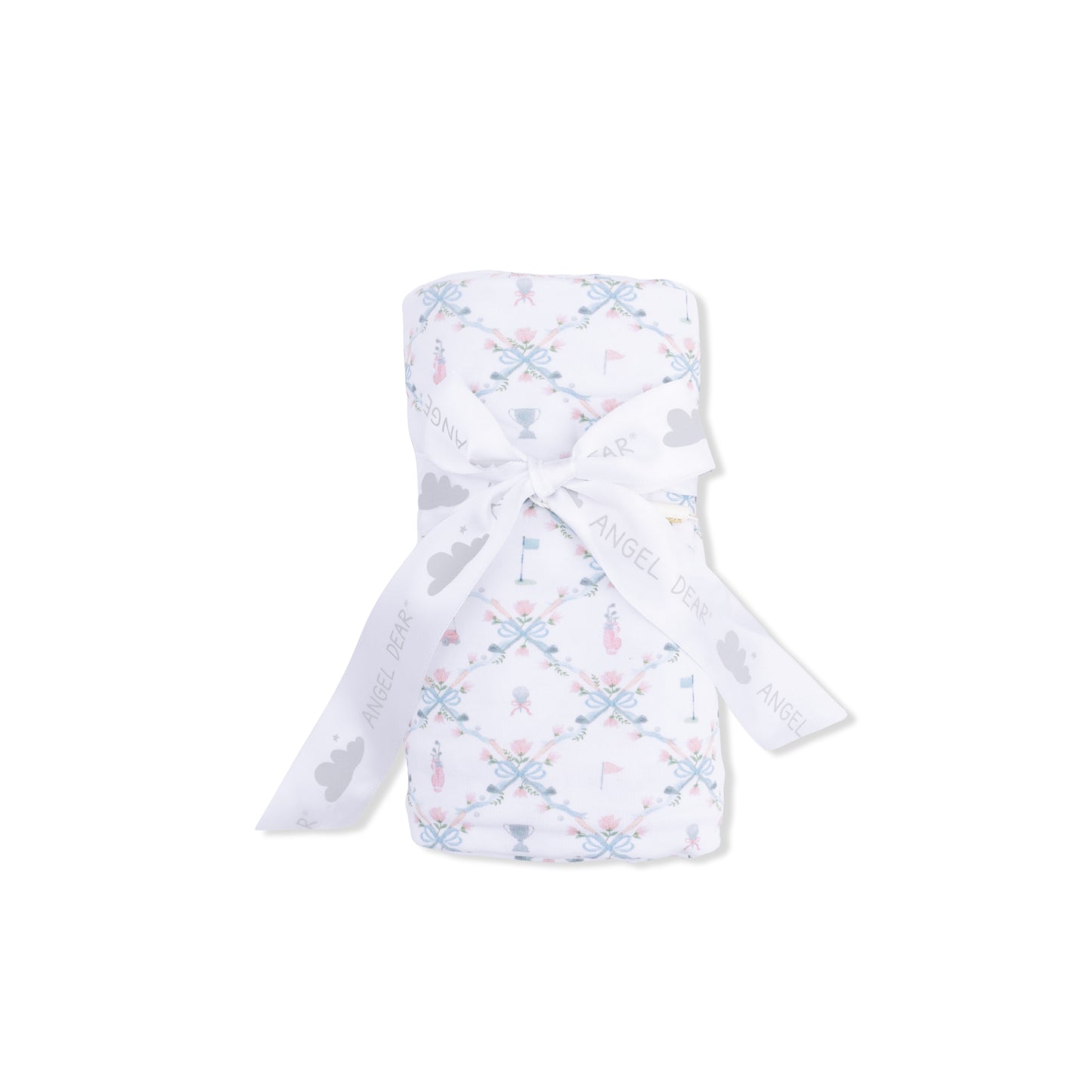 Pink Angel Dear golf trellis swaddle blanket with soft fabric and subtle golf-themed pattern for babies.