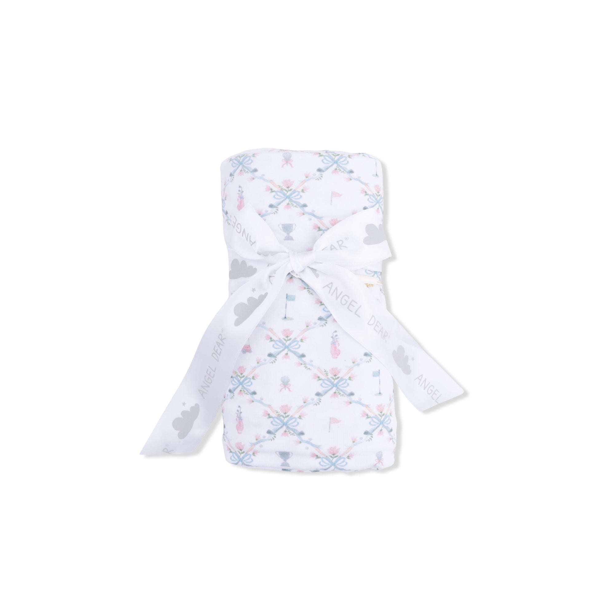 Pink Angel Dear golf trellis swaddle blanket with soft fabric and subtle golf-themed pattern for babies.