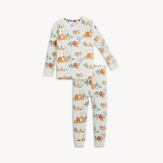 Magnetic Me Lion King modal long sleeve pajama set with matching long pants, featuring lion and jungle print for kids' comfort.