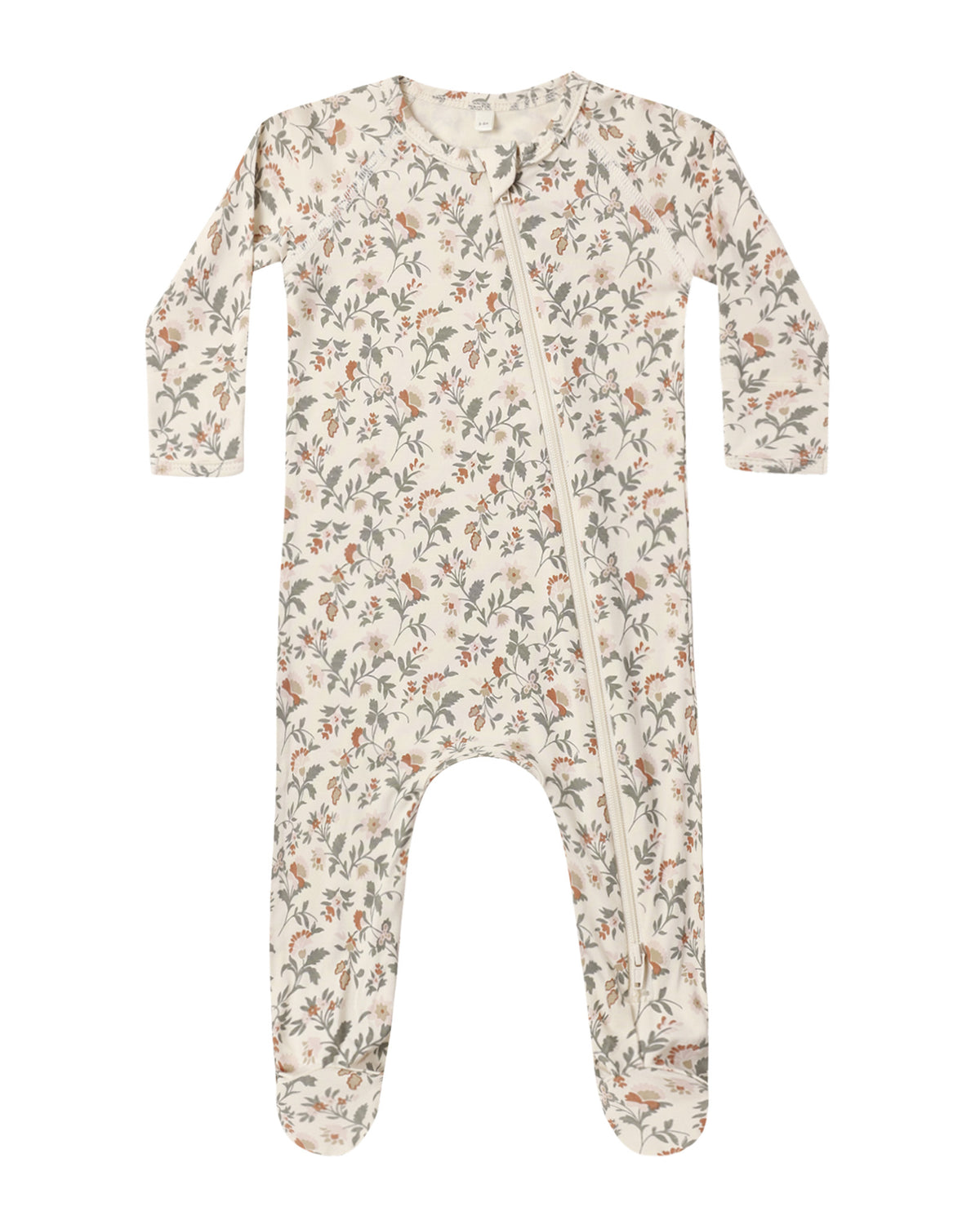 Quincy Mae holiday floral bamboo zip footie for babies, featuring colorful floral pattern and cozy bamboo fabric.