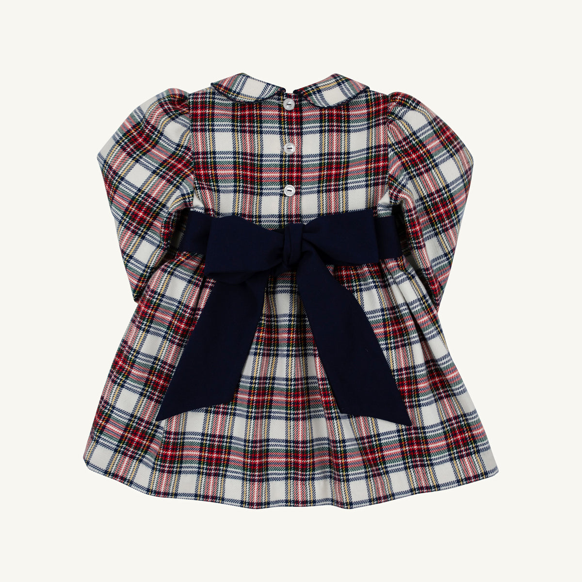 Long sleeve Cindy Lou Sash Dress in Paris Pike Plaid and Nantucket Navy by The Beaufort Bonnet Company, showing front view with sash detail.