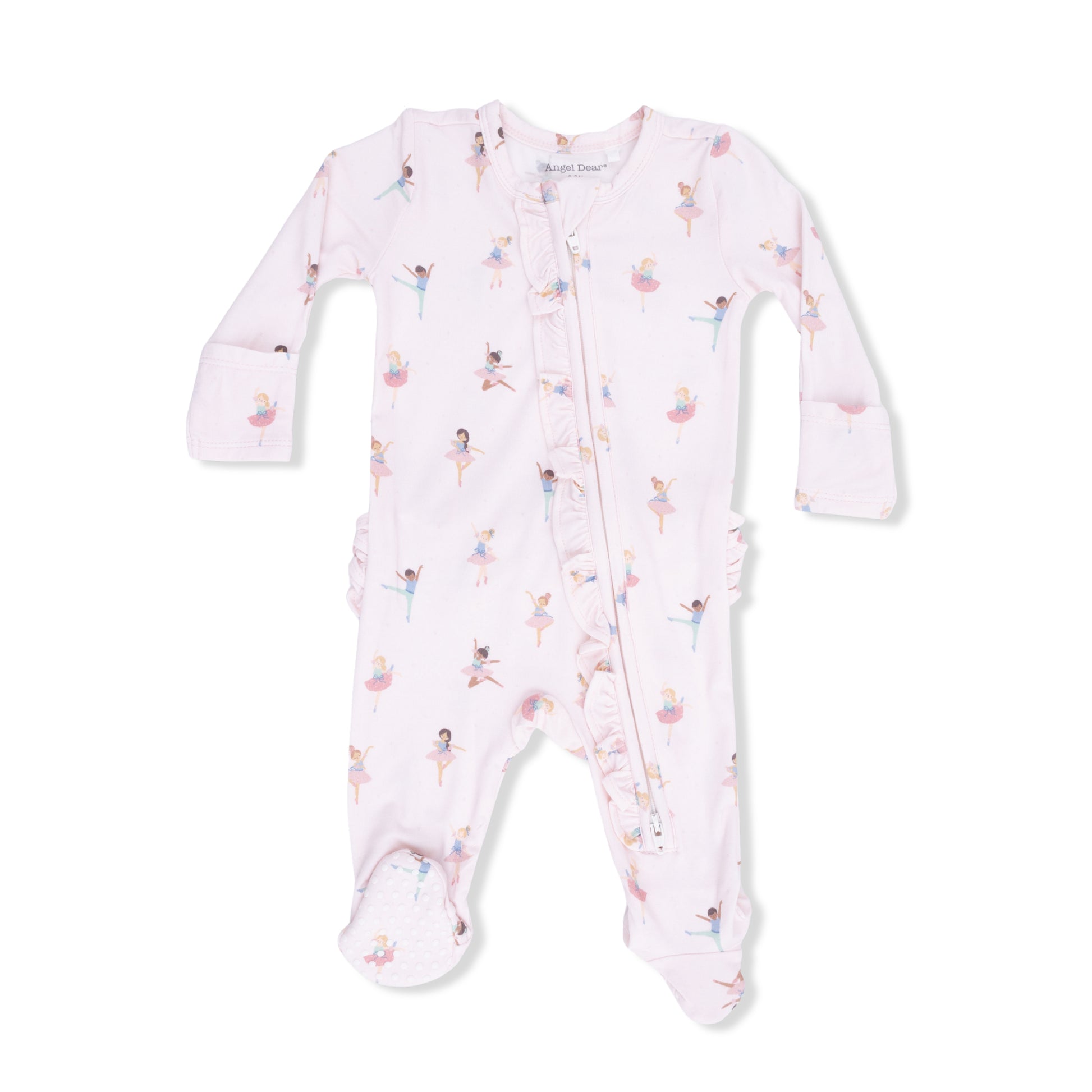 Angel Dear petite ballet 2-way ruffle front zipper footie for babies, featuring soft fabric and cute ruffle details.
