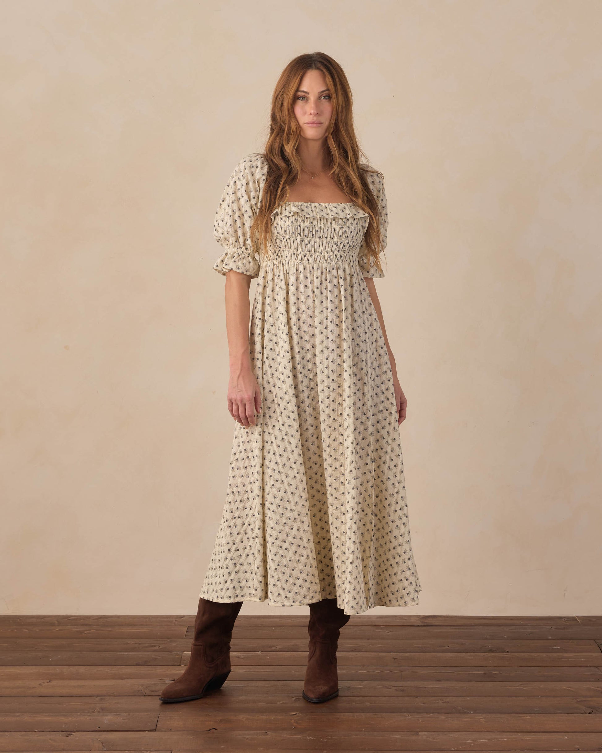 Women's vintage Fleur Birdie dress by Rylee & Cru featuring a floral pattern and retro-inspired design displayed on a model.