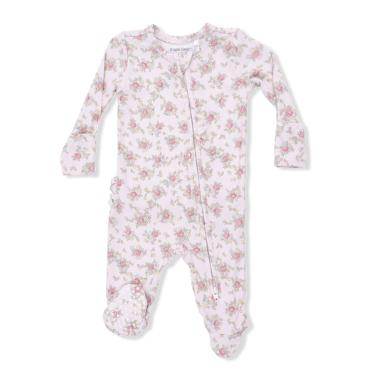Angel Dear Edith's Rose Garden 2-Way Ruffle Back Zipper Footie for babies, featuring floral pattern and soft, cozy fabric.