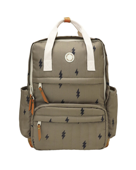 Rylee & Cru Bolts Backpack with adjustable straps, front zipper pocket, and colorful bolt pattern, designed for kids.