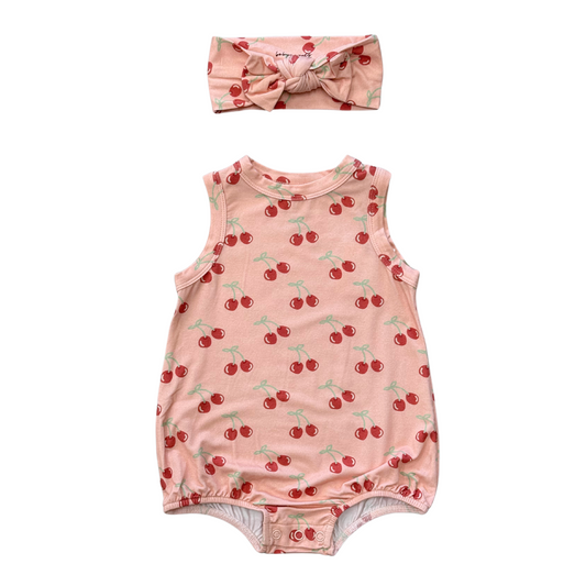 Babysprouts cherries bubble bodysuit set featuring a colorful cherry print on soft fabric, perfect for babies.