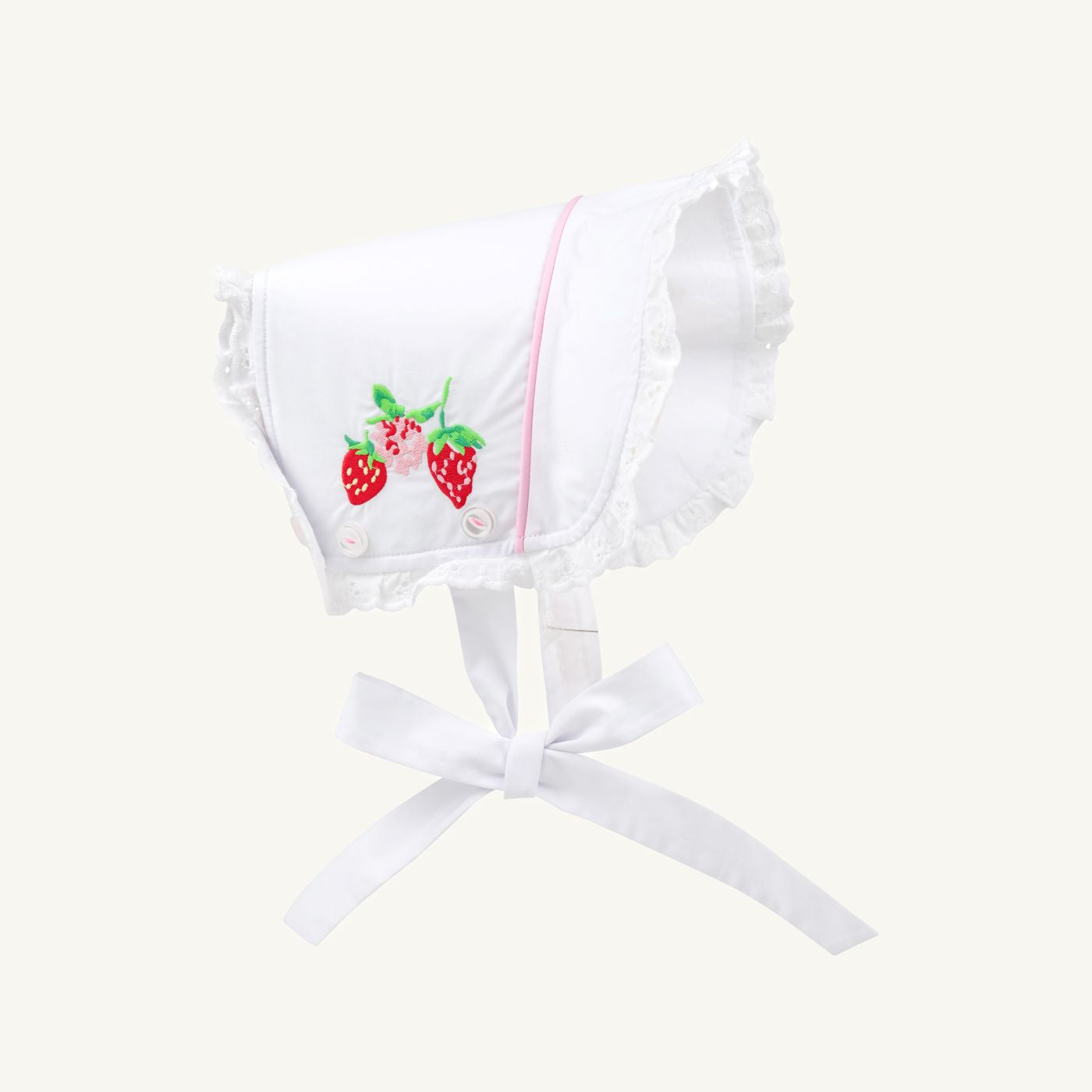 White and pink Catesby Country Club bonnet for girls by The Beaufort Bonnet Company, featuring a charming strawberry pattern.