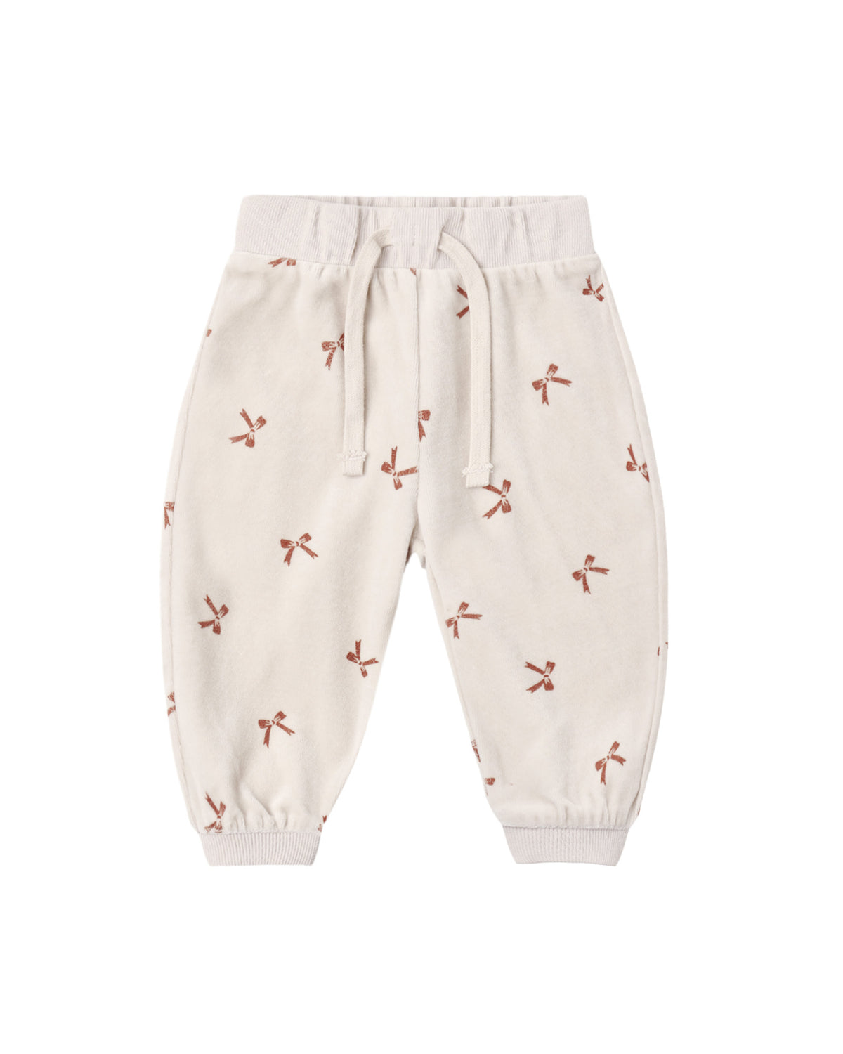 Red velour relaxed sweatpant with bow details from Quincy Mae, featuring soft fabric and comfortable fit.
