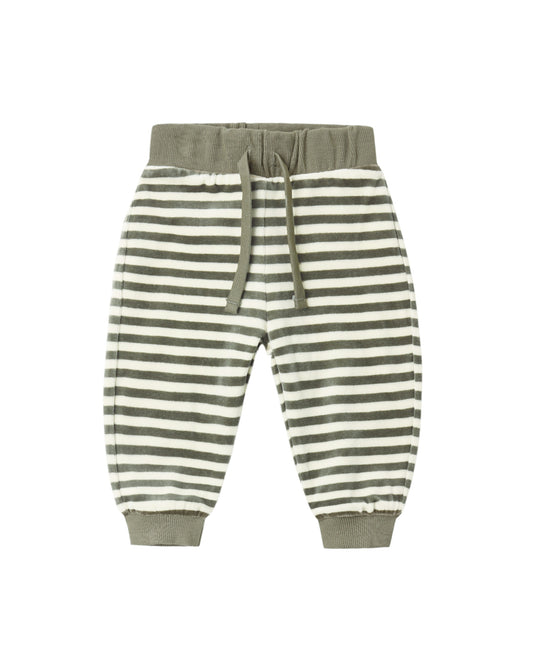 Quincy Mae Spruce Stripe Velour Relaxed Sweatpant showing soft fabric with green and white stripe pattern and relaxed fit