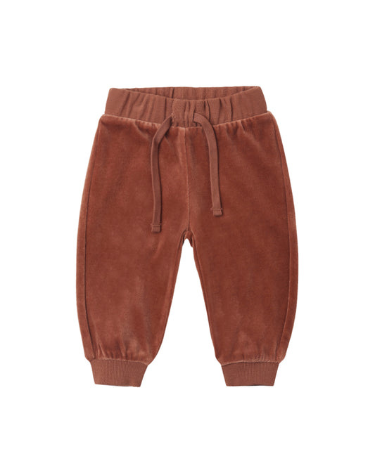 Quincy Mae Redwood Velour Relaxed Sweatpant in soft velour fabric, showing a cozy, relaxed fit with elastic waistband and cuffs.