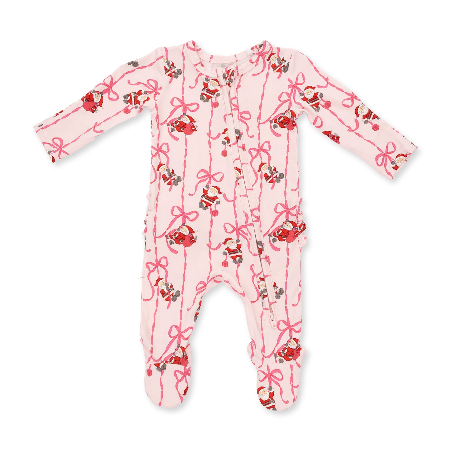 Bows and Santa Two Way Ruffle Back Zipper Footie