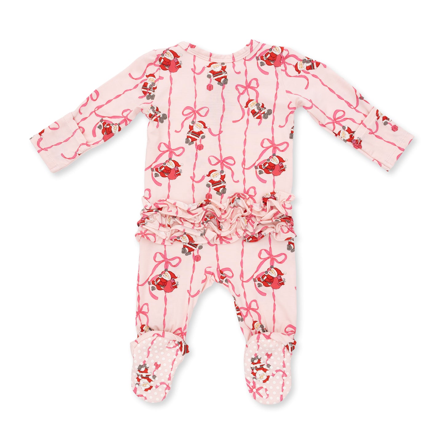 Bows and Santa Two Way Ruffle Back Zipper Footie