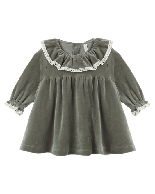 Quincy Mae Spruce Velour Baby Dress in soft green with long sleeves and a ruffled collar, perfect for cozy baby outfits.