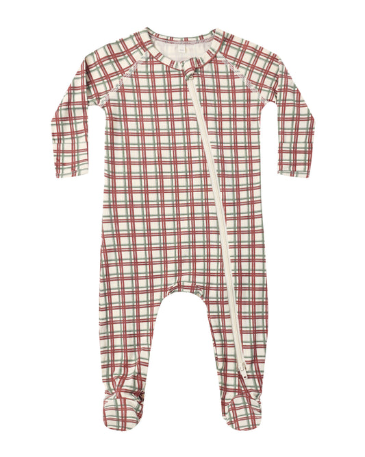 Quincy Mae Redwood Check Bamboo Zip Footie for babies, featuring red and white check pattern with front zipper and soft bamboo fabric.
